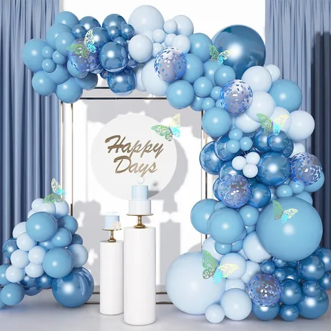 Kit Arco Ghirlanda di Palloncini a Farfalla Blu Palloncini in Lattice Metallico Macaron Bianchi con Paillettes per Festa