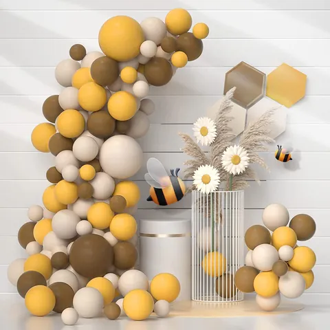 Kit Ghirlanda di Palloncini a Doppio Strato Vintage Giallo Marrone Beige Lattice Con Decorazioni di Girasole e Ape per Festa