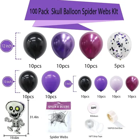 Kit Decorazione Halloween Con Palloncino In Alluminio Scheletro Ragnatele Palloncini In Lattice Viola Nero Per Festa