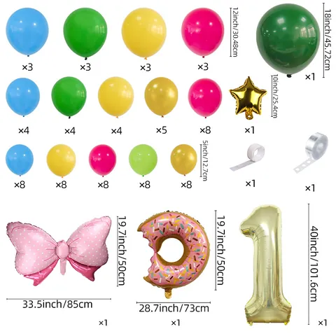 Decorazione a Colonna di Palloncini per Festa di Compleanno Bambini Tema Ciambella Palloncino in Alluminio con Numero d'Oro Fiocco Rosa Lattice