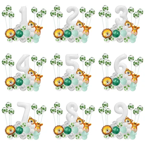 Jungle Animal Theme Birthday Party Balloon Set White Number Foil Balloon Lion Tiger Giraffe Cartoon Kids Party Decor