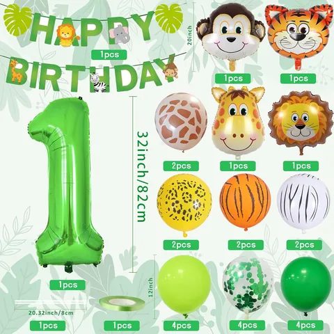 Jungle Animal Birthday Party Decoration Green Number Foil Latex Balloons Safari Theme Banner Kids Birthday Party Favors