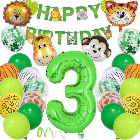 Jungle Animal Birthday Party Decoration Green Number Foil Latex Balloons Safari Theme Banner Kids Birthday Party Favors