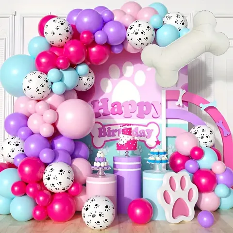Kit Arche de Guirlande de Ballons Thème Os de Chien Rose Violet Bleu Ballons en Latex Empreinte de Patte pour Décoration d'Anniversaire
