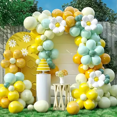 Summer Daisy Balloon Garland Arch Yellow Mint Green Cream White Latex Balloons For Birthday Party Wedding Outdoor Picnic Decor
