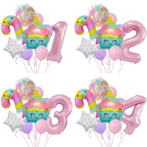 Macaron Eiscreme Süßigkeiten Geburtstag Ballon Set Rosa Zahl Aluminiumfolie Latex Ballons Für Baby Kinder Party Dekoration Requisiten