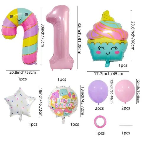 Macaron Eiscreme Süßigkeiten Geburtstag Ballon Set Rosa Zahl Aluminiumfolie Latex Ballons Für Baby Kinder Party Dekoration Requisiten