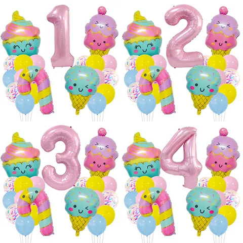 Ice Cream Candy Theme Aluminum Foil Number Balloon With Latex Balloons For Kids Birthday Party Decoration Pink Pastel