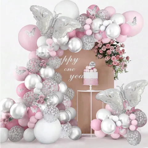 Macaron Pink Balloon Arch Decoration With Butterfly Stickers Latex Aluminum Foil Balloons For Wedding Birthday Party Decor