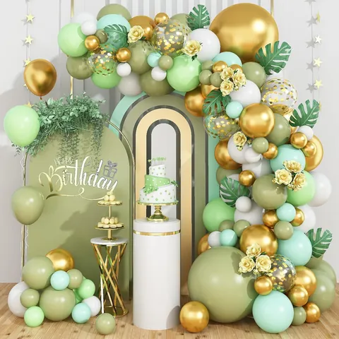 Avocado Green Sage Green Balloon Arch Kit With Palm Leaves Gold White Confetti Balloons For Wedding Birthday Party Decoration