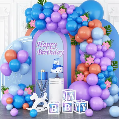 Blue Purple Balloon Garland Arch Kit With Artificial Leaves Flowers Latex Balloons For Birthday Wedding Party Decorations