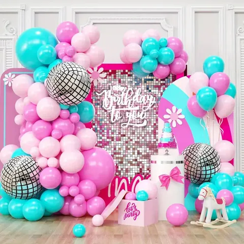 Decorazione Arco di Palloncini Sfera Strobo Argento Metallizzato Palloncini in Lattice e Alluminio Rosa Blu per Compleanno