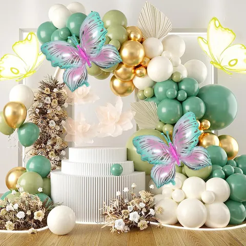 Sage Green Butterfly Balloon Garland Kit Cream White Gold Latex Foil Balloons For Birthday Wedding Party Decorations