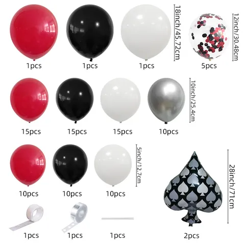 Poker Theme Balloon Garland Kit Red Black White Silver Spades Foil Latex Balloons For Casino Birthday Party Decorations