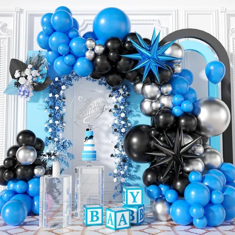 Blue Black Silver Balloon Arch Garland Kit With Starburst Foil Balloons Happy Birthday Sign For Baby Shower Decor