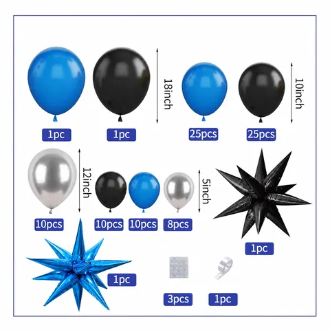 Blue Black Silver Balloon Arch Garland Kit With Starburst Foil Balloons Happy Birthday Sign For Baby Shower Decor