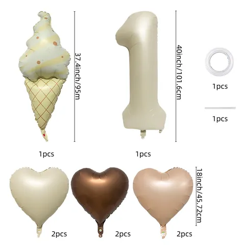 Matte Ice Cream Foil Balloon Set Morandi Cream Oatmeal Chocolate Heart Number 1-9 Birthday Party Decoration For Kids