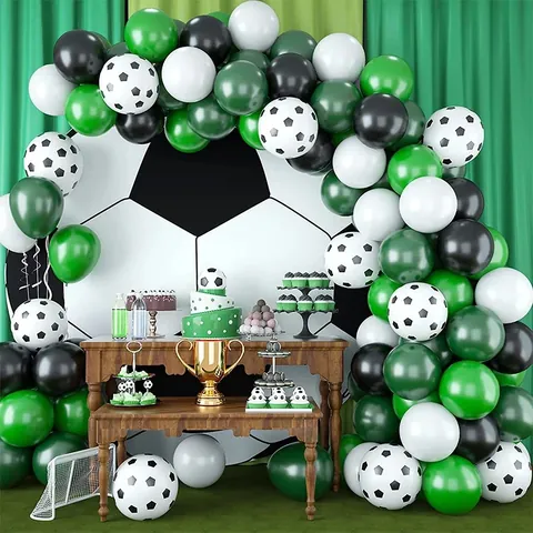 Arche de Ballons Thème Football Latex Vert Noir Blanc Guirlande Imprimé Football pour Décoration de Fête d'Anniversaire Sportive