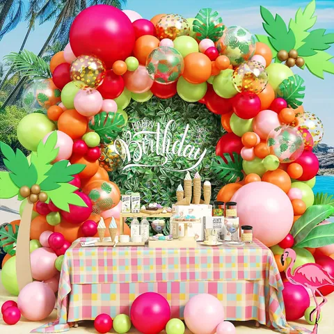 Tropical Hawaiian Theme Balloon Arch Garland Kit With Palm Leaves Flamingo For Birthday Party Summer Beach Party Decorations