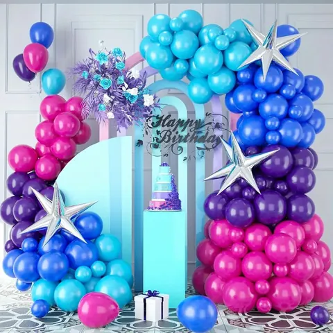 Kit Arco di Palloncini Blu Viola Rosa Rosso Stelle Esplosive in Alluminio per Decorazione Festa di Compleanno