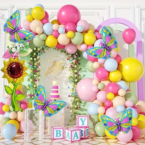 Colorful Butterfly Sunflower Balloon Arch Garland Kit Macaron Latex Aluminum Film Balloons For Kids Birthday Party Decoration Celebration Props