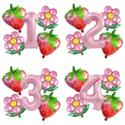 Pink Strawberry Number Aluminum Foil Balloon Daisy Flower Balloon For Kids Birthday Party Anniversary Photo Props Decoration