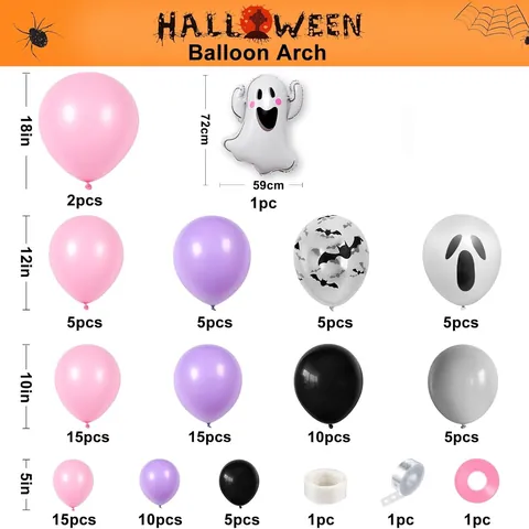 Kit de Arco de Globos de Halloween Globos de Látex Morados Rosas Negros Con Estampado de Fantasma Murciélago y Globo de Fantasma de Aluminio