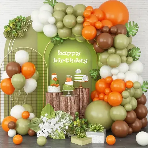 Sage Green Balloon Arch Garland Kit Retro Orange Brown White Latex Balloons Safari Jungle Kids Birthday Party Decoration