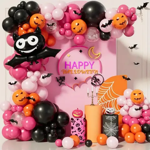 Kit Arco di Ghirlanda di Palloncini di Halloween Nero Rosa Arancione Lattice Foglio di Alluminio Pipistrello Zucca Set Decorazione Festa