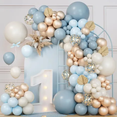 Foggy Blue Balloon Arch Kit With Cream White Metallic Gold Confetti Balloons For Boys Birthday Party Decoration Backdrop