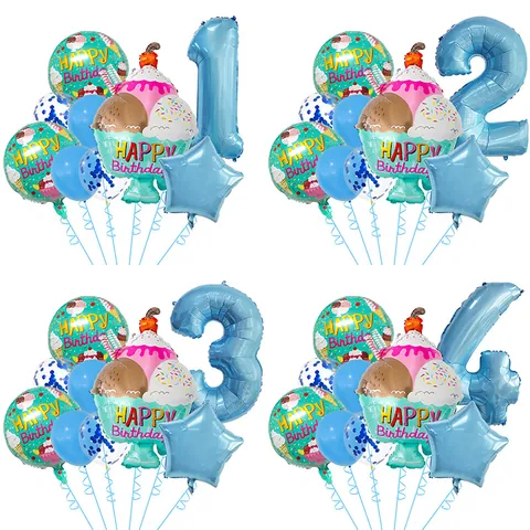 Blue Ice Cream Birthday Balloon Set Aluminum Foil Latex Balloons With Large Number Star For Kids Party Decoration Props