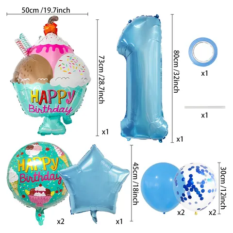Blue Ice Cream Birthday Balloon Set Aluminum Foil Latex Balloons With Large Number Star For Kids Party Decoration Props