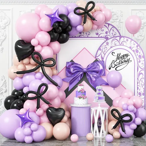 Pink Purple Balloon Garland Arch With Black Bow Foil Balloons Heart Star Latex Balloons For Birthday Wedding Party Decorations