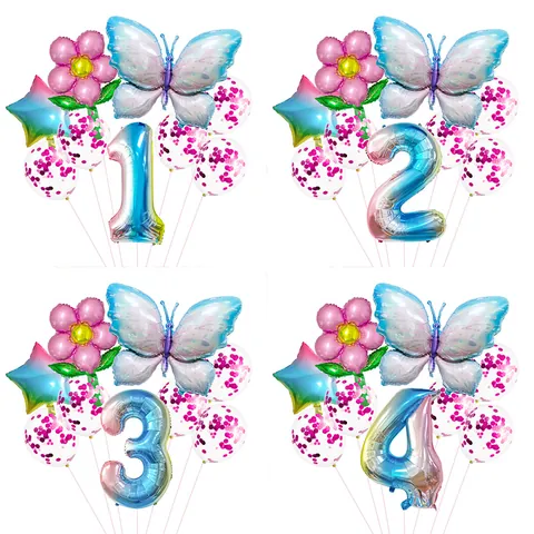Dreamy Butterfly Number Balloon Kit For Kids Birthday Party Decoration Gradient Aluminum Foil Balloons With Glitter Balloons