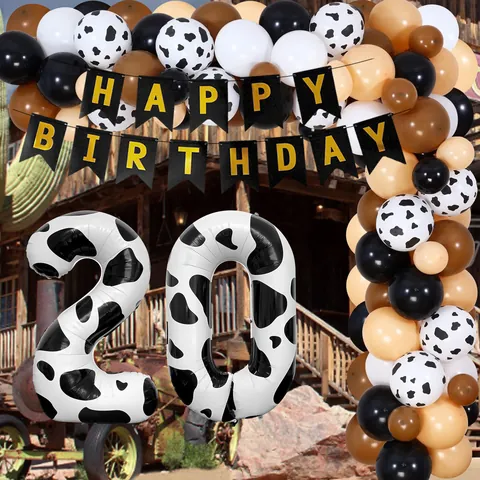 Farm Theme Birthday Party Decoration Kit Cow Print Number Balloons Garland Arch Happy Birthday Banner Set For Kids
