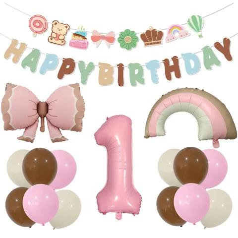 Ins Style Matte Aluminum Foil Balloon Banner Decoration For Birthday Party With Bow Rainbow Latex Balloons Supplies