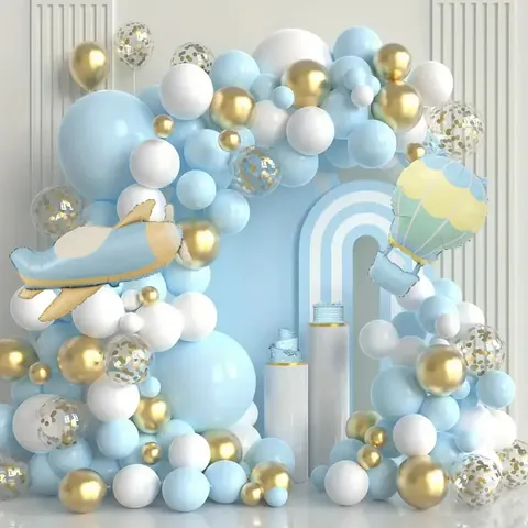 Guirlande de Ballons Bleu Ciel Blanc Or Thème Avion Montgolfière Décoration Fête Arche Pour Camping Anniversaire