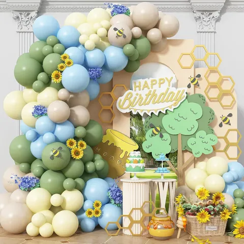 Bee Theme Birthday Party Balloon Arch Kit Sage Green Cream Balloons With Sunflower 3D Little Bee Stickers Decorations