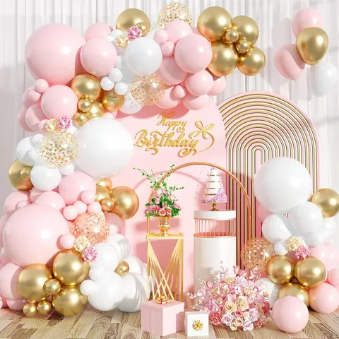 Pink White Gold Balloon Arch Garland Decoration For Wedding Birthday Party Latex Aluminum Foil Balloons Ribbons Straw