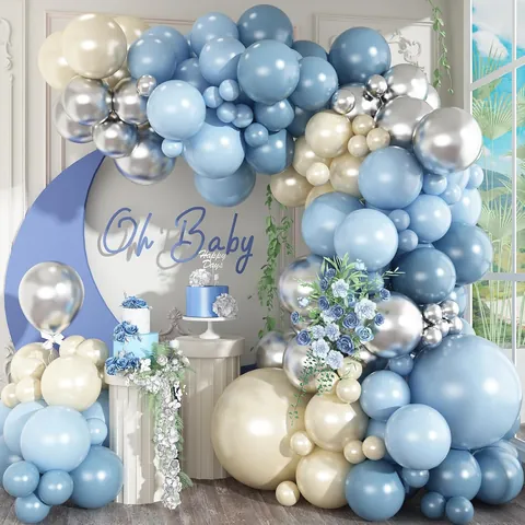 Retro Blue Balloon Garland Arch Kit Macaron Sky Blue Metallic Silver Cream Balloons For Baby Shower Birthday Party Decorations