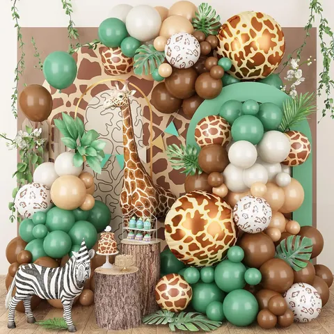 Jungle Safari Theme Balloon Garland Arch Kit Birthday Party Decorations Sage Green Brown Animal Print Latex Aluminum Film Balloons