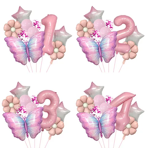 Butterfly Theme Birthday Party Balloons Pink Purple Gradient Aluminum Foil Number Balloon Daisy Star Latex Balloons For Kids Decoration