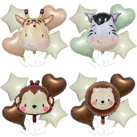 Ballons en Feuille d'Aluminium Animaux de Dessin Animé Couleur Crème Lion Zèbre Girafe Singe Tête Cœur Étoile pour Décoration d'Anniversaire Enfant