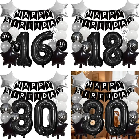 Happy Birthday Party Decoration 16 18 30 Years Old Black Silver Foil Number Balloons Latex Star Confetti Balloons Banner