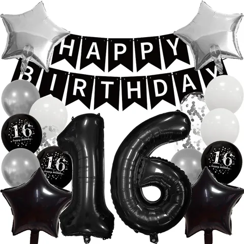 Happy Birthday Party Decoration 16 18 30 Years Old Black Silver Foil Number Balloons Latex Star Confetti Balloons Banner