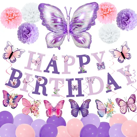 Dreamy Butterfly Birthday Party Decorations Purple Pink Butterfly Balloon Banner Paper Flower Ball For Girls Party Supplies