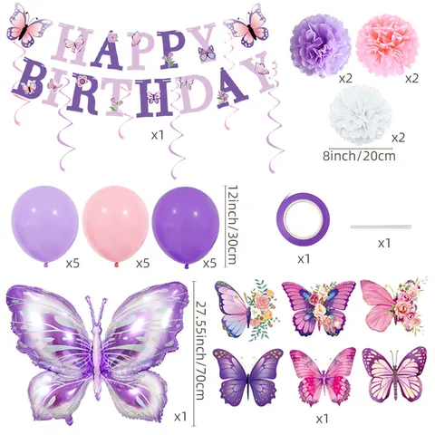 Dreamy Butterfly Birthday Party Decorations Purple Pink Butterfly Balloon Banner Paper Flower Ball For Girls Party Supplies
