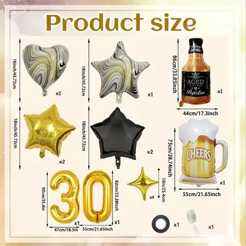 30 Compleanno Decorazione Palloncini Festa Oro Nero Stella Cuore Palloncini stagnola Bottiglia di Whisky Boccale di Birra Celebrazione