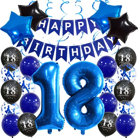 Ensemble Décoration Anniversaire Bleu Royal Noir Avec Ballons Latex Aluminium Bannière Happy Birthday Spirales Pour Fête