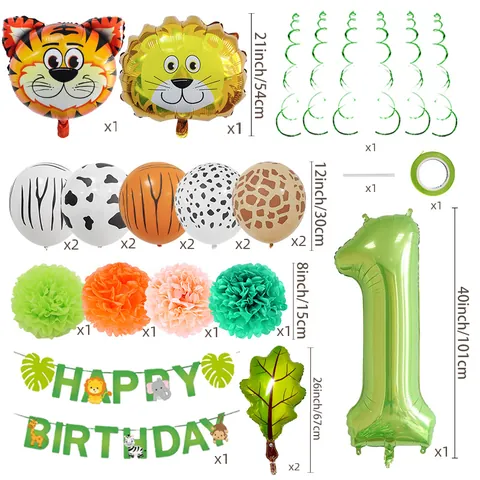 Jungle Safari Animal Theme Birthday Party Decoration Set Lion Tiger Foil Balloons Latex Animal Print Banner For Kids